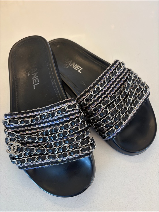 CHANEL Shoes - CHANEL Black Chain-Tweed Slide Sandals 37 (size 7)